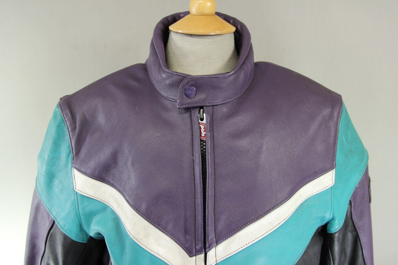 VINTAGE POLO SPORTS PURPLE, BLACK, TURQUOISE & WHITE LEATHER BIKER JACKET 40 IN