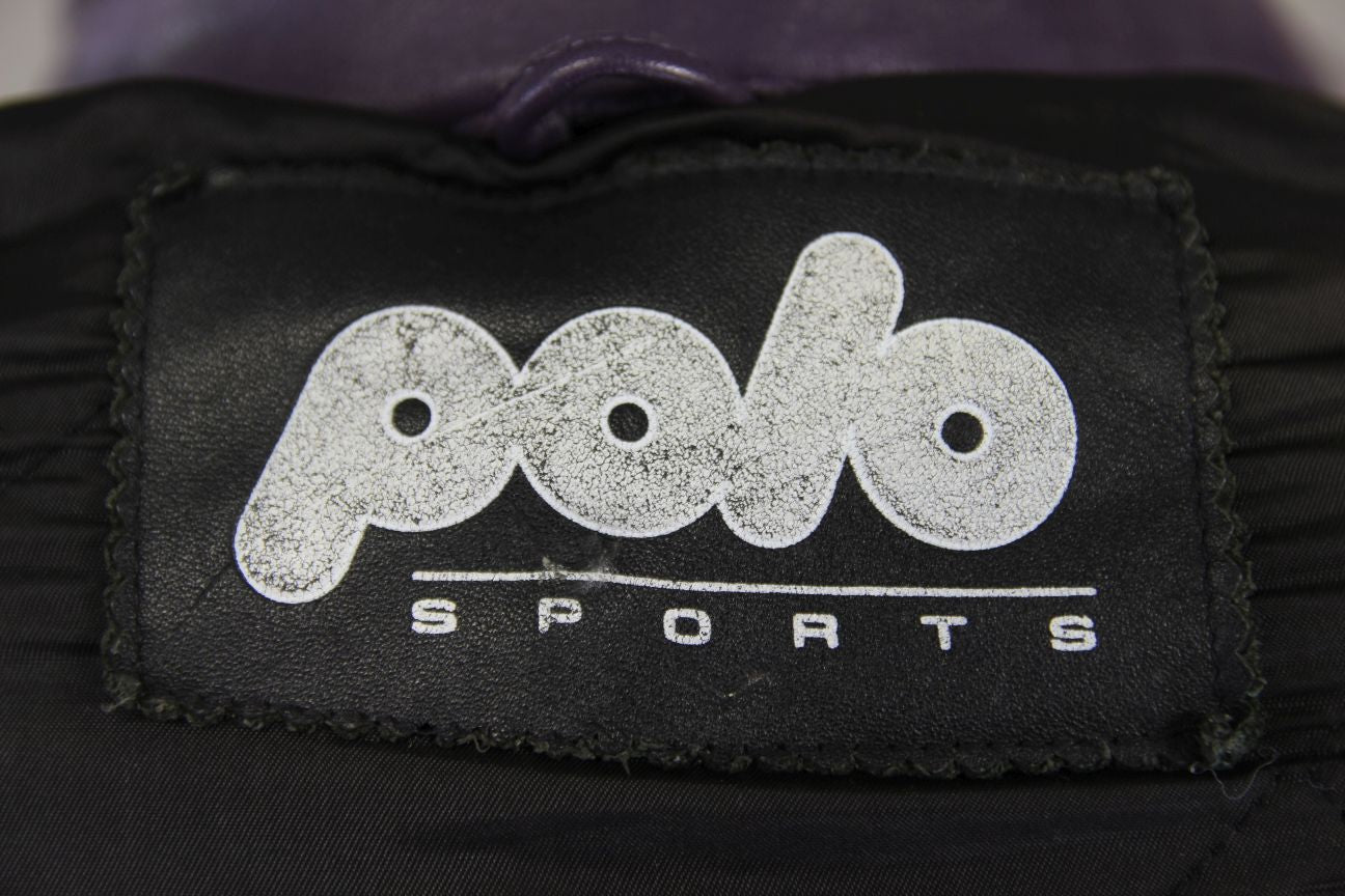 VINTAGE POLO SPORTS PURPLE, BLACK, TURQUOISE & WHITE LEATHER BIKER JACKET 40 IN