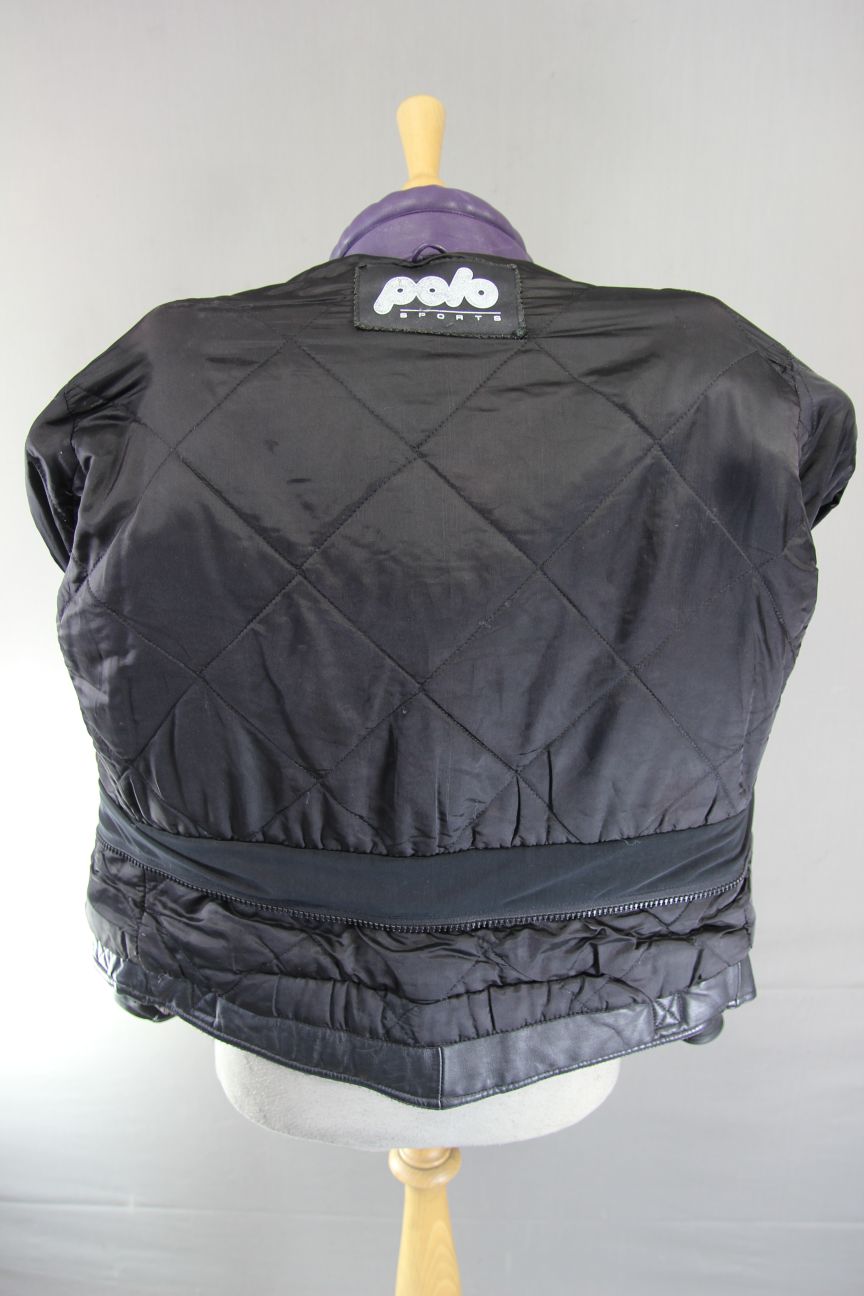 VINTAGE POLO SPORTS PURPLE, BLACK, TURQUOISE & WHITE LEATHER BIKER JACKET 40 IN