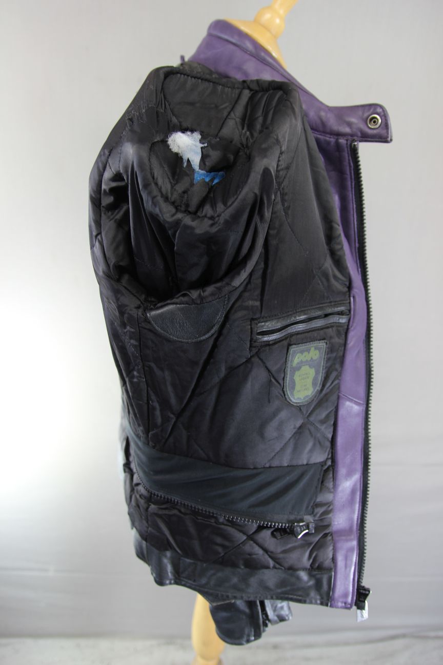 VINTAGE POLO SPORTS PURPLE, BLACK, TURQUOISE & WHITE LEATHER BIKER JACKET 40 IN