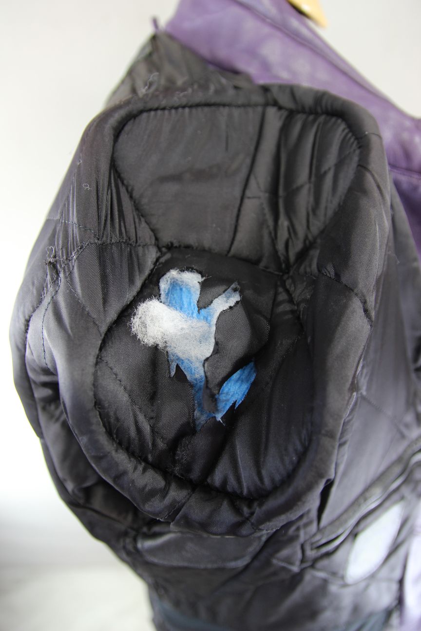 VINTAGE POLO SPORTS PURPLE, BLACK, TURQUOISE & WHITE LEATHER BIKER JACKET 40 IN