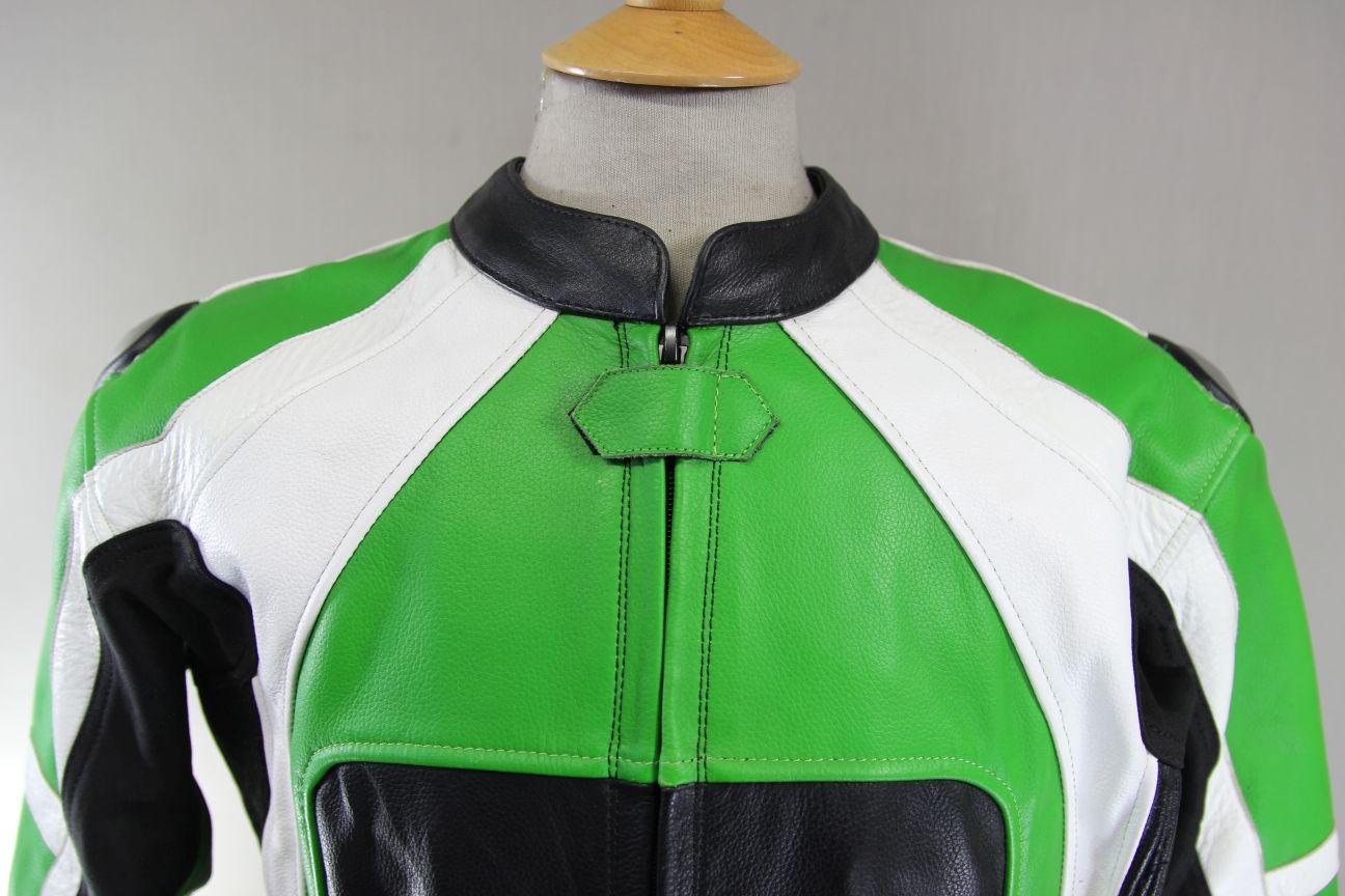 EVIRON BLACK, GREEN & WHITE LEATHER BIKER JACKET WITH ARMOUR/RACE HUMP 44 INCH