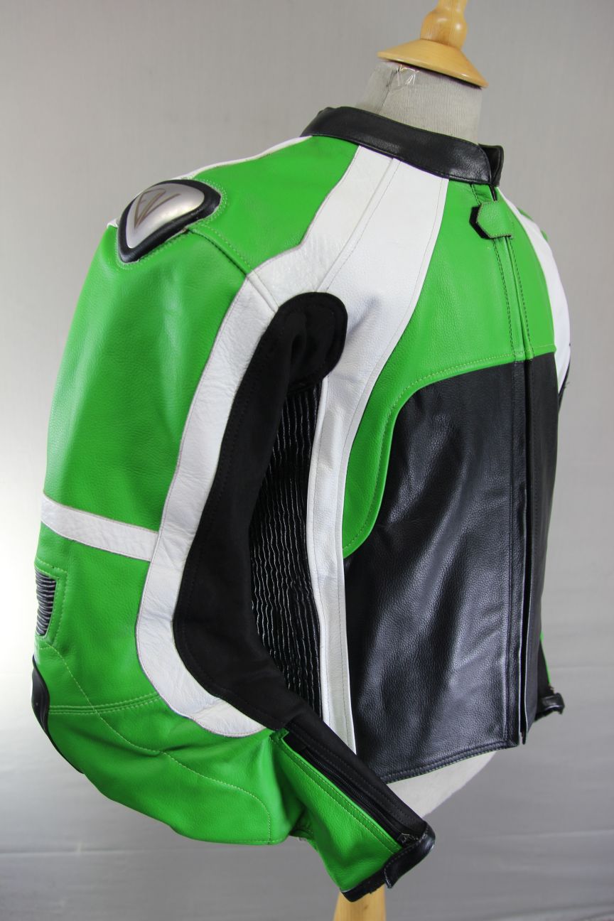 EVIRON BLACK, GREEN & WHITE LEATHER BIKER JACKET WITH ARMOUR/RACE HUMP 44 INCH
