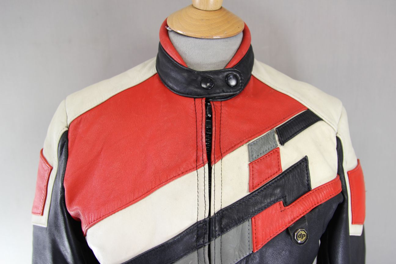 VINTAGE 1980's BLACK, RED, WHITE & GREY LEATHER BIKER JACKET 34-36 INCH: SIZE 12