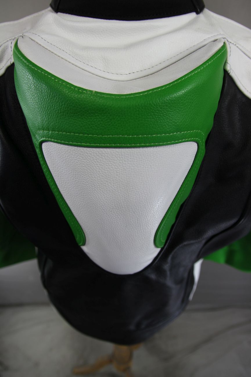 EVIRON BLACK, GREEN & WHITE LEATHER BIKER JACKET WITH ARMOUR/RACE HUMP 44 INCH