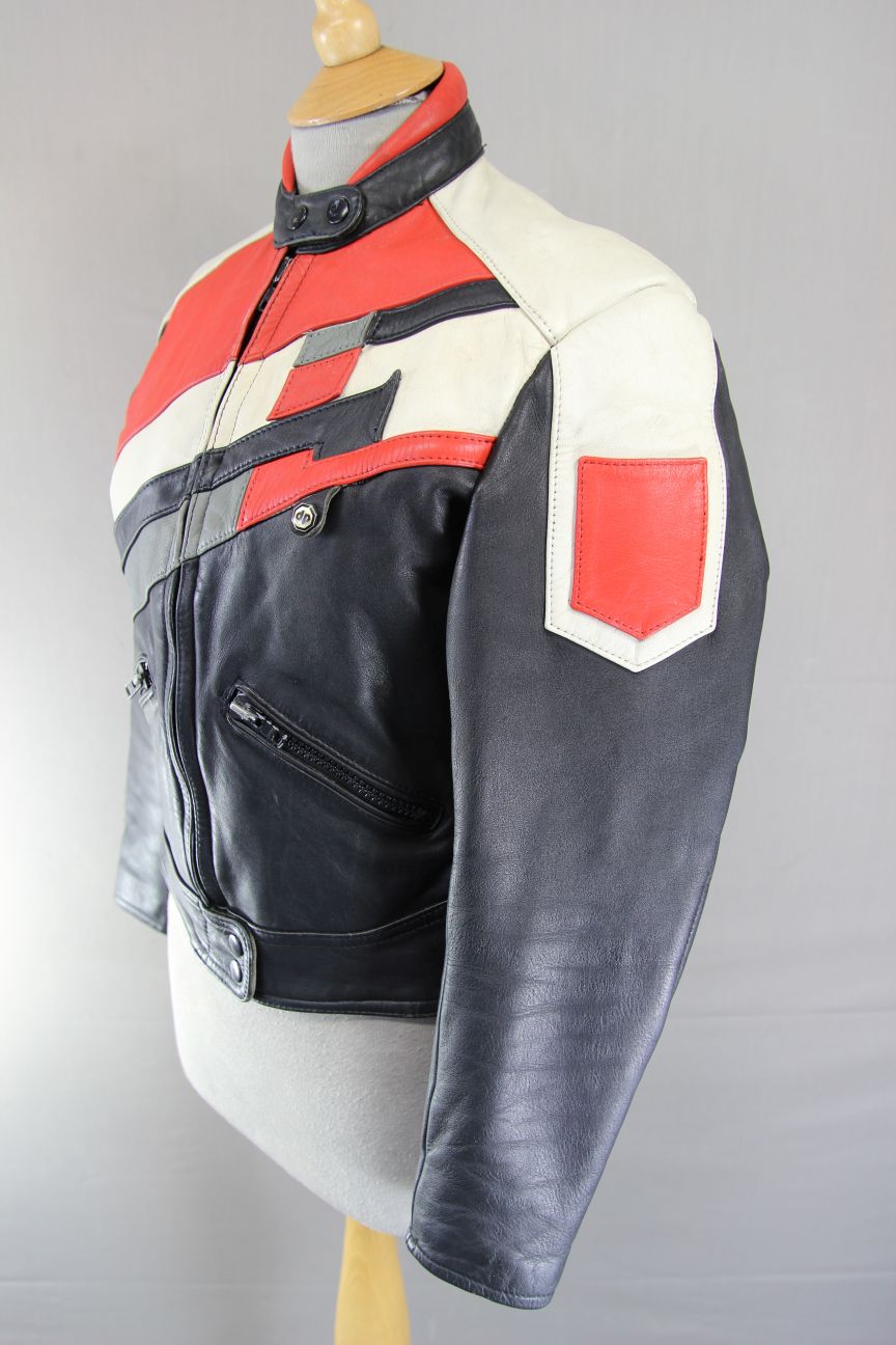VINTAGE 1980's BLACK, RED, WHITE & GREY LEATHER BIKER JACKET 34-36 INCH: SIZE 12
