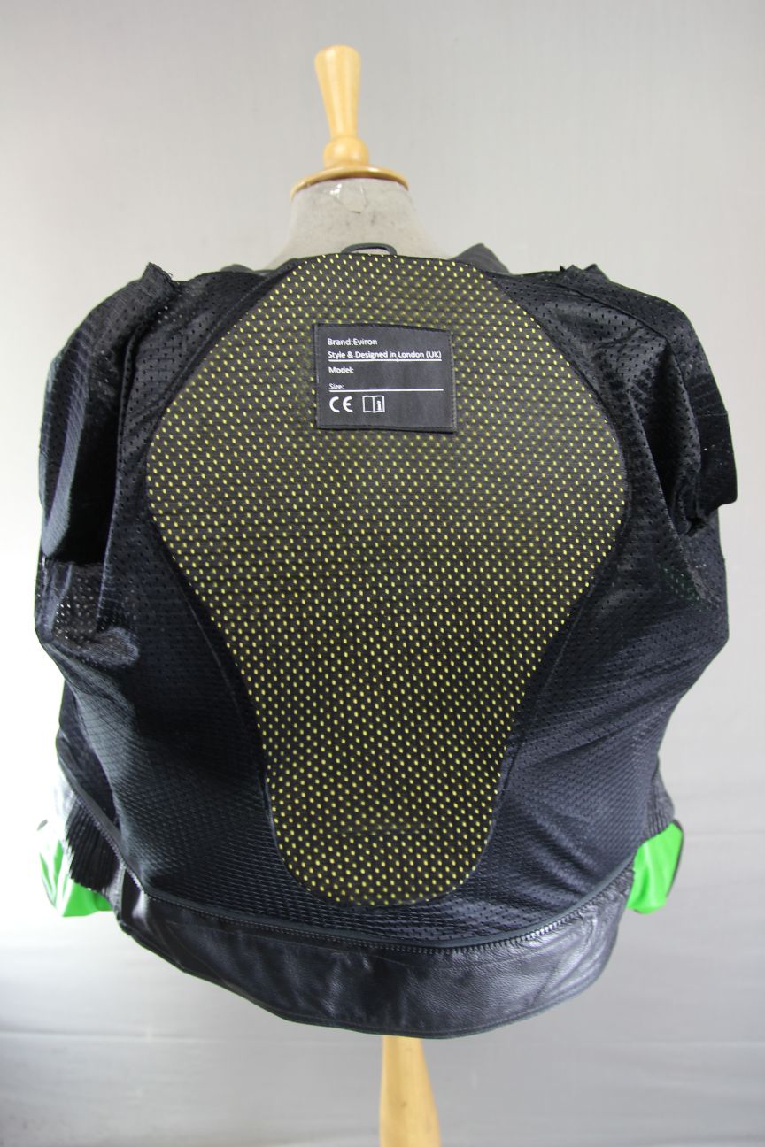 EVIRON BLACK, GREEN & WHITE LEATHER BIKER JACKET WITH ARMOUR/RACE HUMP 44 INCH