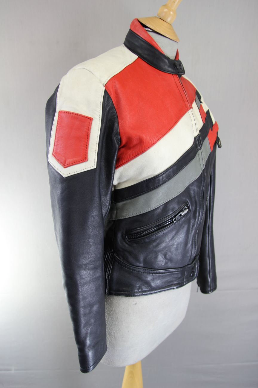 VINTAGE 1980's BLACK, RED, WHITE & GREY LEATHER BIKER JACKET 34-36 INCH: SIZE 12