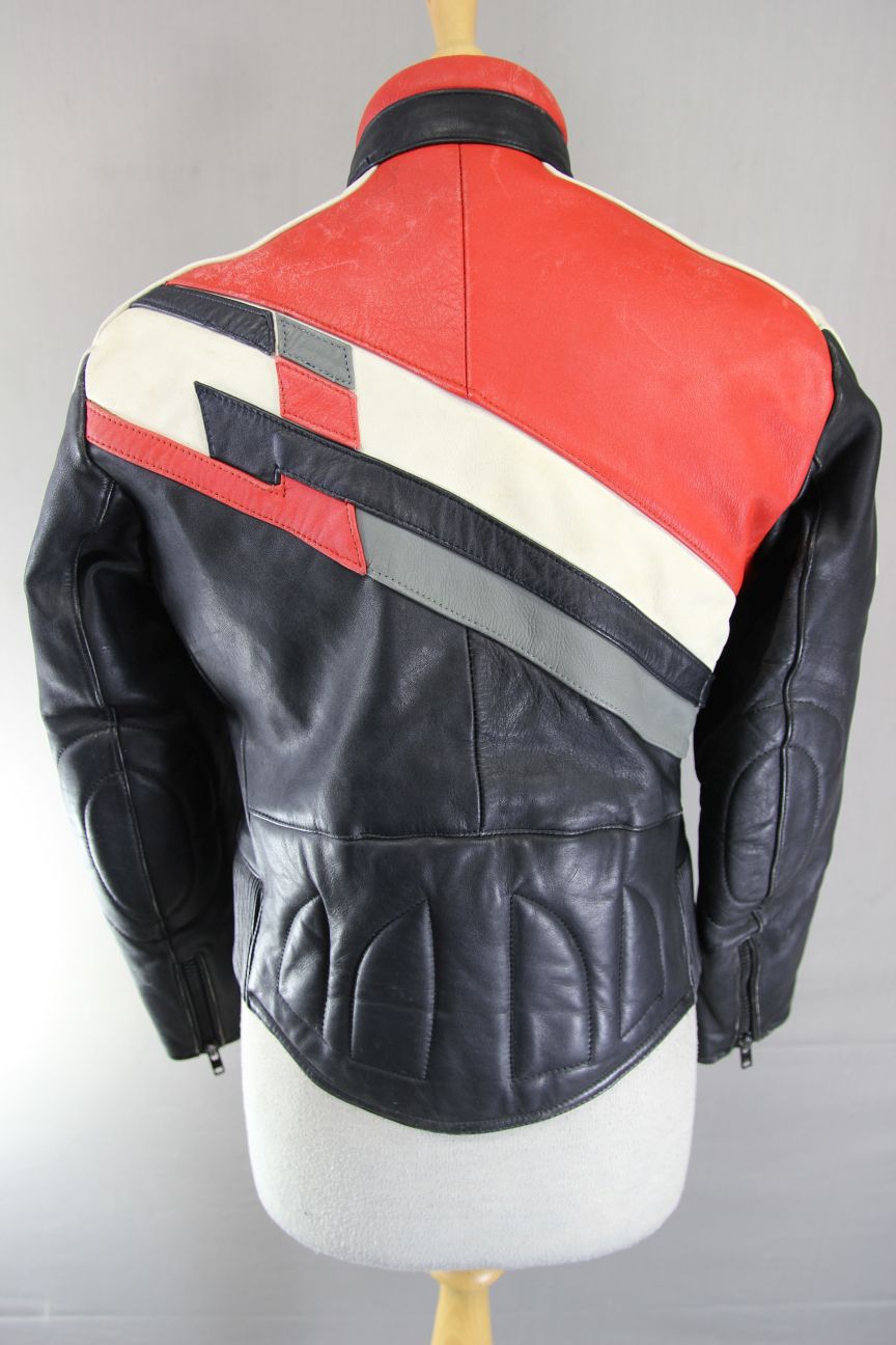 VINTAGE 1980's BLACK, RED, WHITE & GREY LEATHER BIKER JACKET 34-36 INCH: SIZE 12