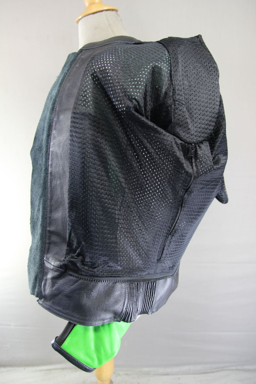 EVIRON BLACK, GREEN & WHITE LEATHER BIKER JACKET WITH ARMOUR/RACE HUMP 44 INCH