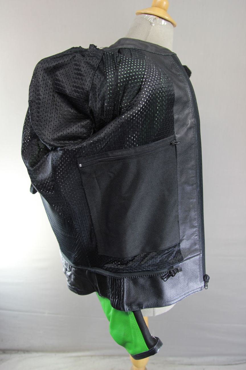 EVIRON BLACK, GREEN & WHITE LEATHER BIKER JACKET WITH ARMOUR/RACE HUMP 44 INCH