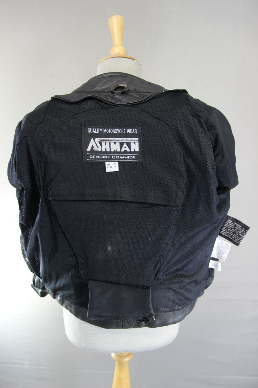 ASHMAN BLACK COWHIDE LEATHER BIKER JACKET WITH REMOVABLE PROTECTORS: SIZE 12