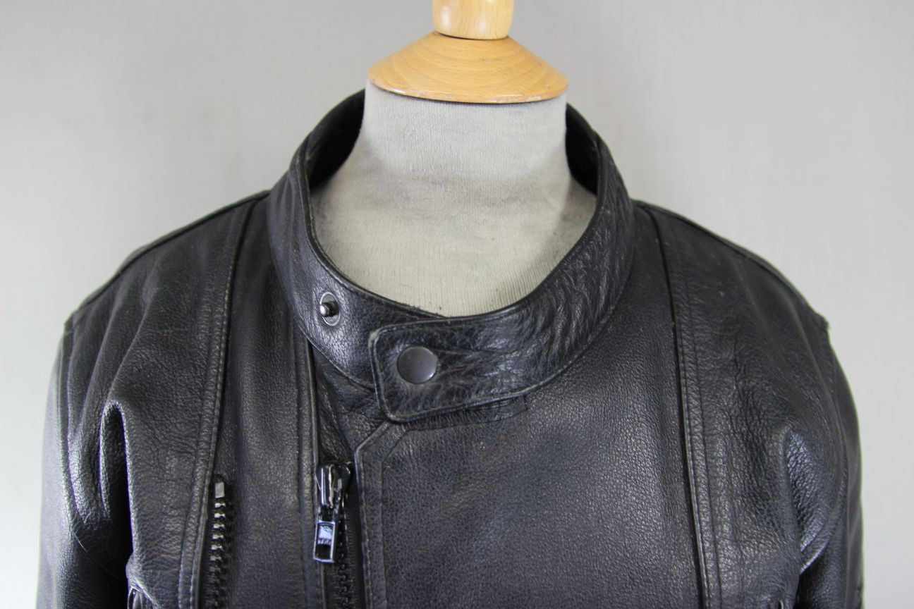 FRANK THOMAS BLACK LEATHER BIKER JACKET WITH CE ARMOUR & THERMAL LINING 40 INCH