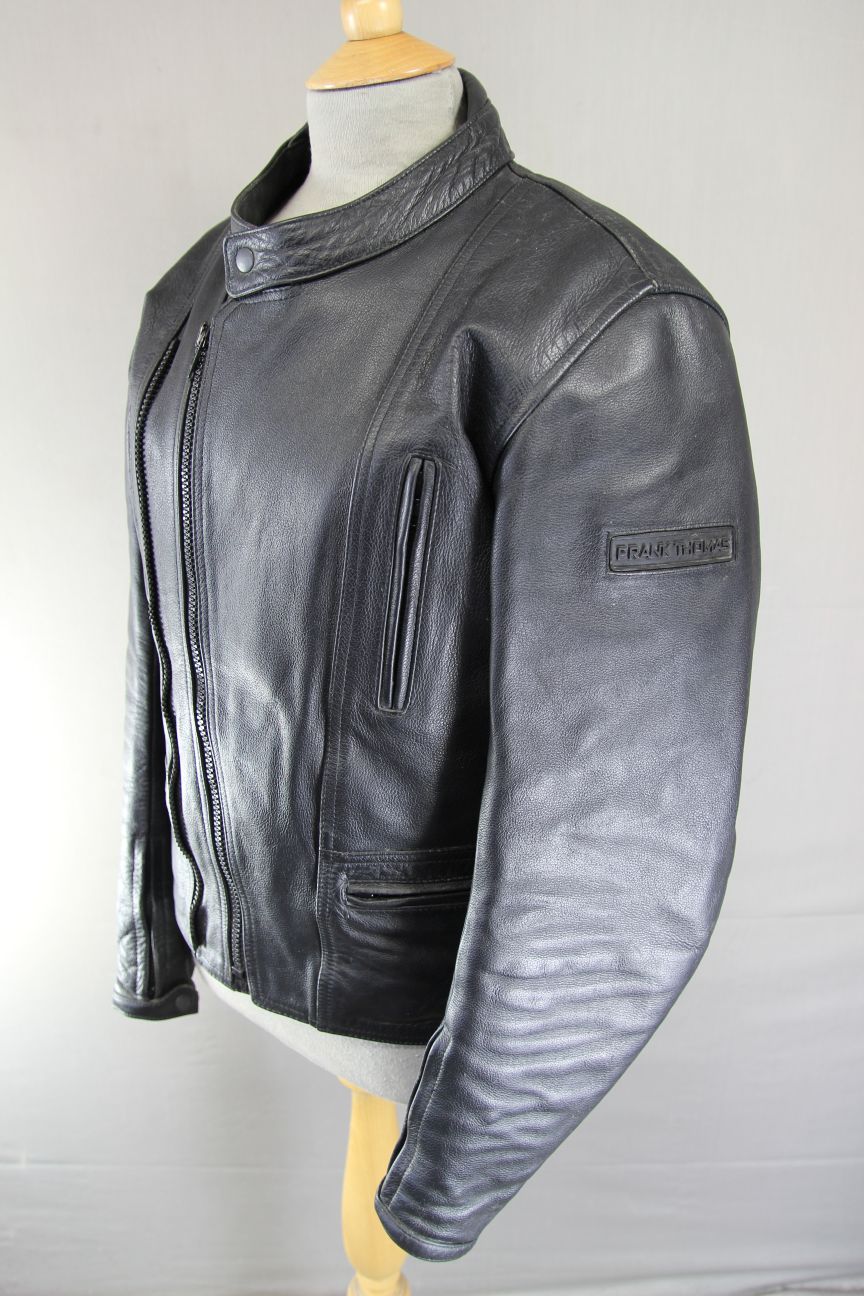 FRANK THOMAS BLACK LEATHER BIKER JACKET WITH CE ARMOUR & THERMAL LINING 40 INCH