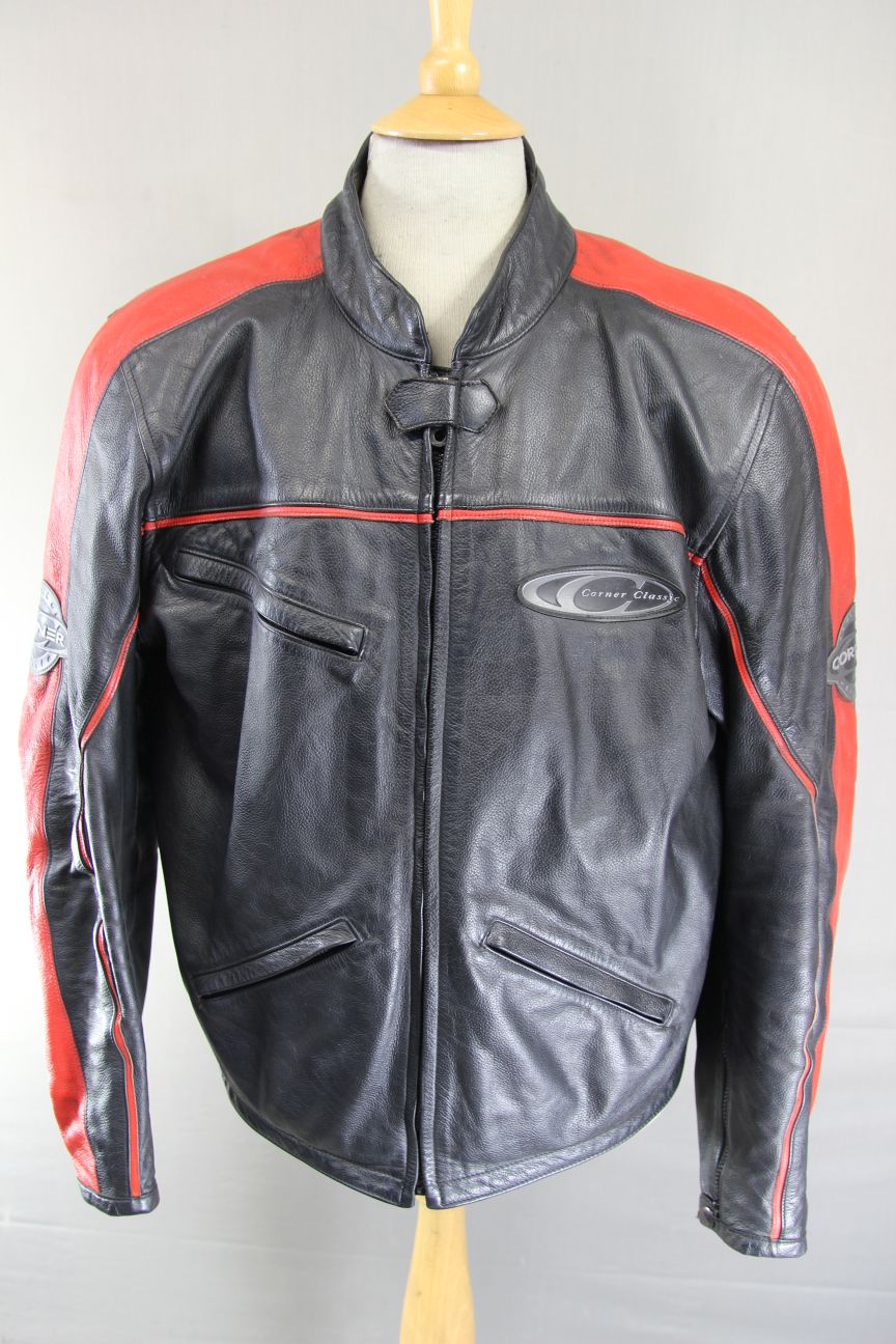 CORNER CLASSIC BLACK & RED LEATHER BIKER JACKET + ARMOUR/THERMAL LINING 48-50 IN