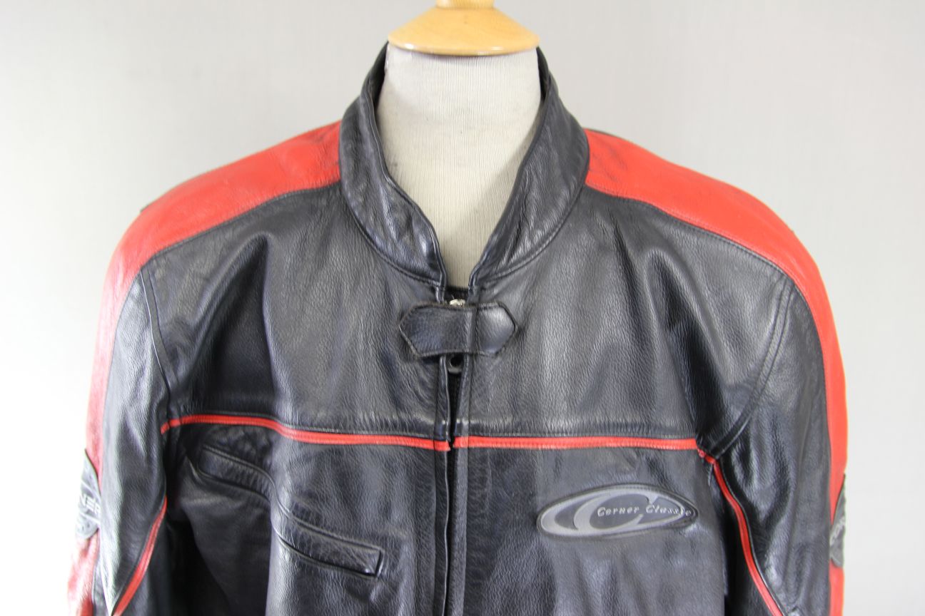 CORNER CLASSIC BLACK & RED LEATHER BIKER JACKET + ARMOUR/THERMAL LINING 48-50 IN