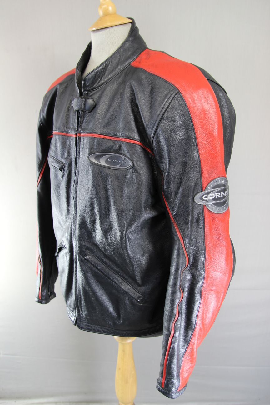 CORNER CLASSIC BLACK & RED LEATHER BIKER JACKET + ARMOUR/THERMAL LINING 48-50 IN