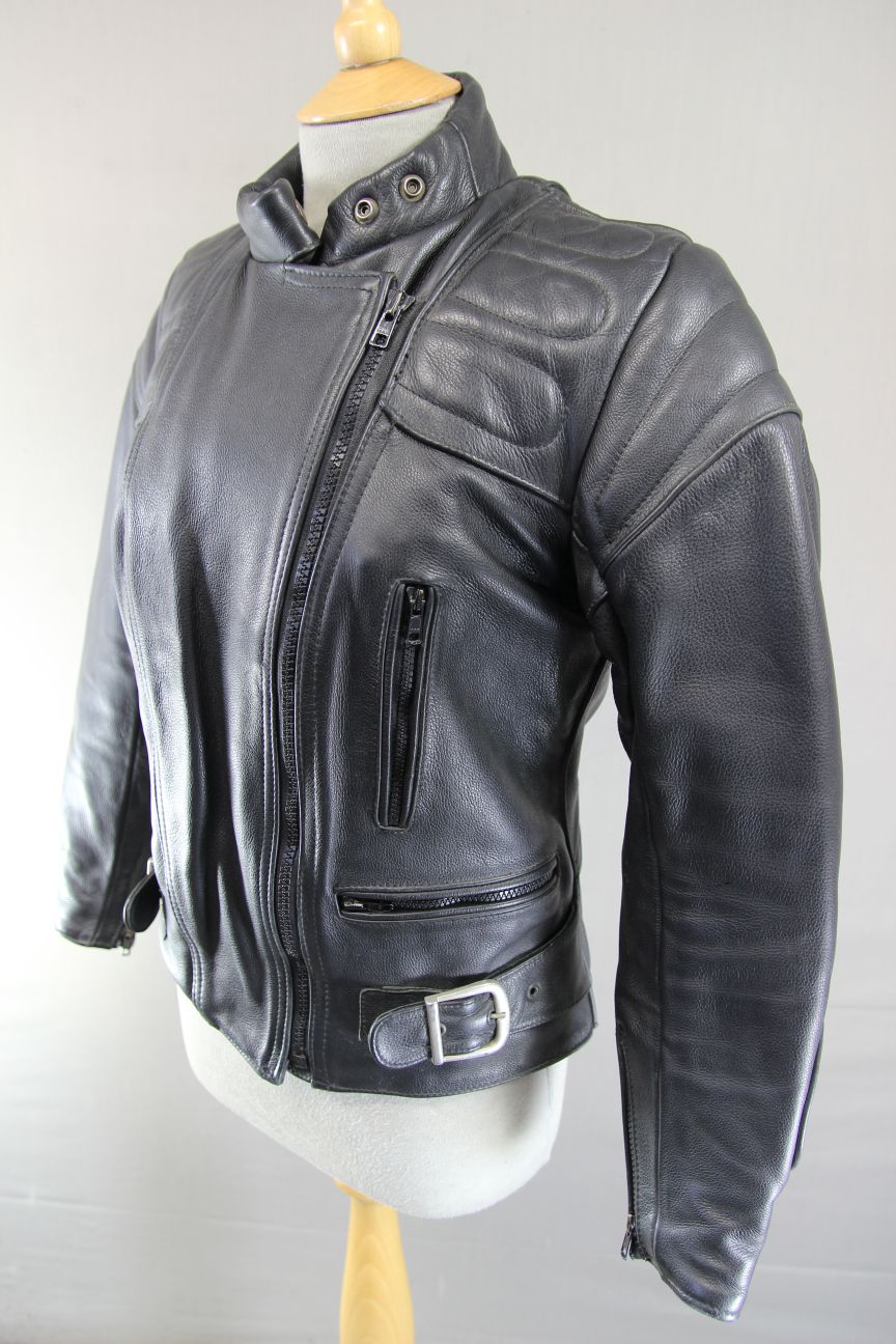 CLASSIC BRITISH MADE BLACK SCOTT LEATHERS BIKER JACKET: SIZE 14