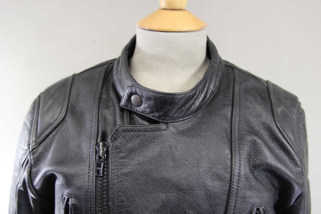 FRANK THOMAS BLACK LEATHER BIKER JACKET + BACK PROTECTOR & THERMAL LINING 36-38"