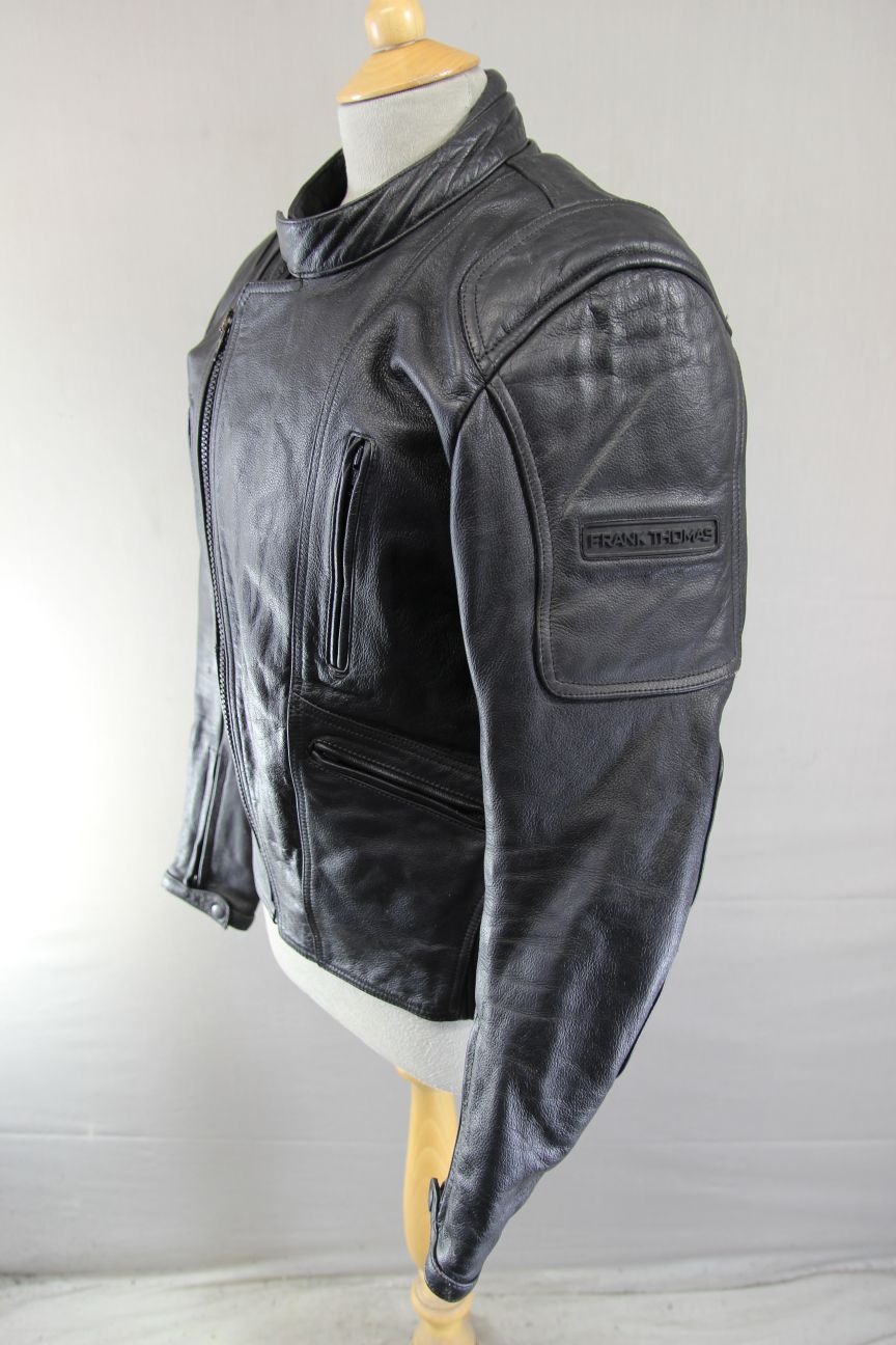 FRANK THOMAS BLACK LEATHER BIKER JACKET + BACK PROTECTOR & THERMAL LINING 36-38"