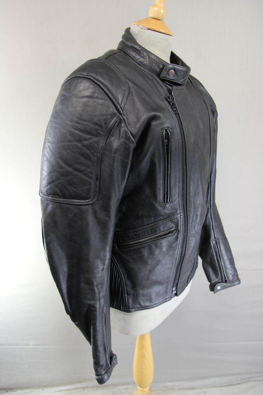 FRANK THOMAS BLACK LEATHER BIKER JACKET + BACK PROTECTOR & THERMAL LINING 36-38"