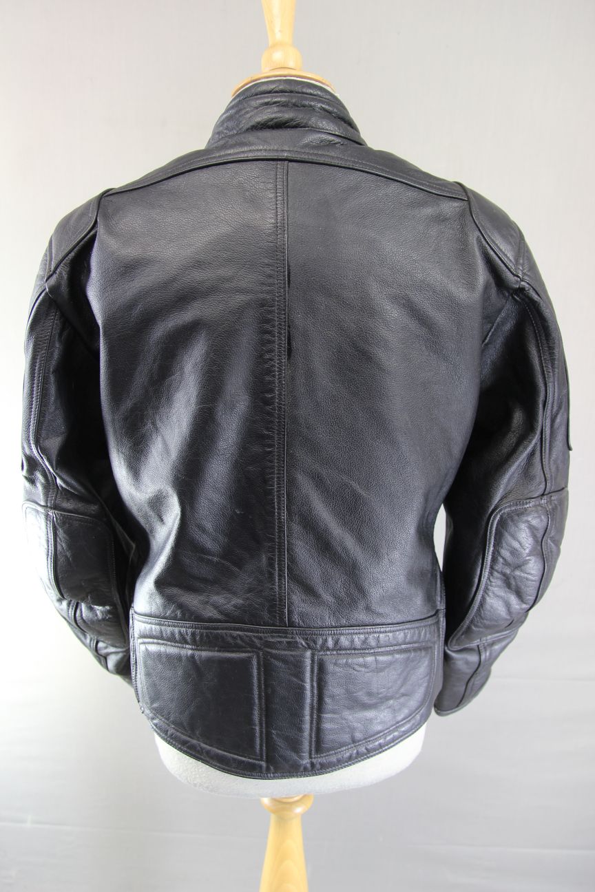 FRANK THOMAS BLACK LEATHER BIKER JACKET + BACK PROTECTOR & THERMAL LINING 36-38"
