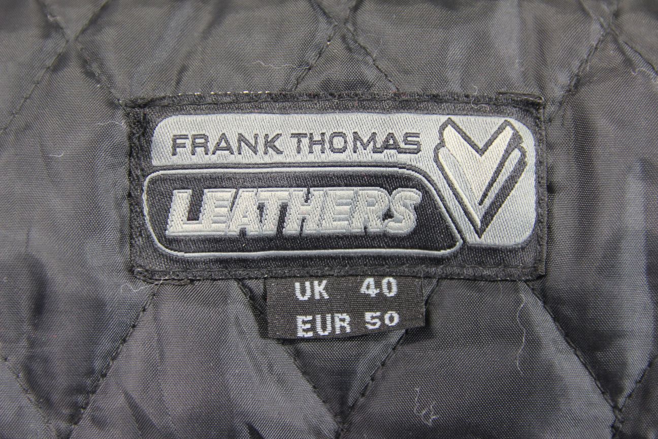 FRANK THOMAS BLACK LEATHER BIKER JACKET + BACK PROTECTOR & THERMAL LINING 36-38"