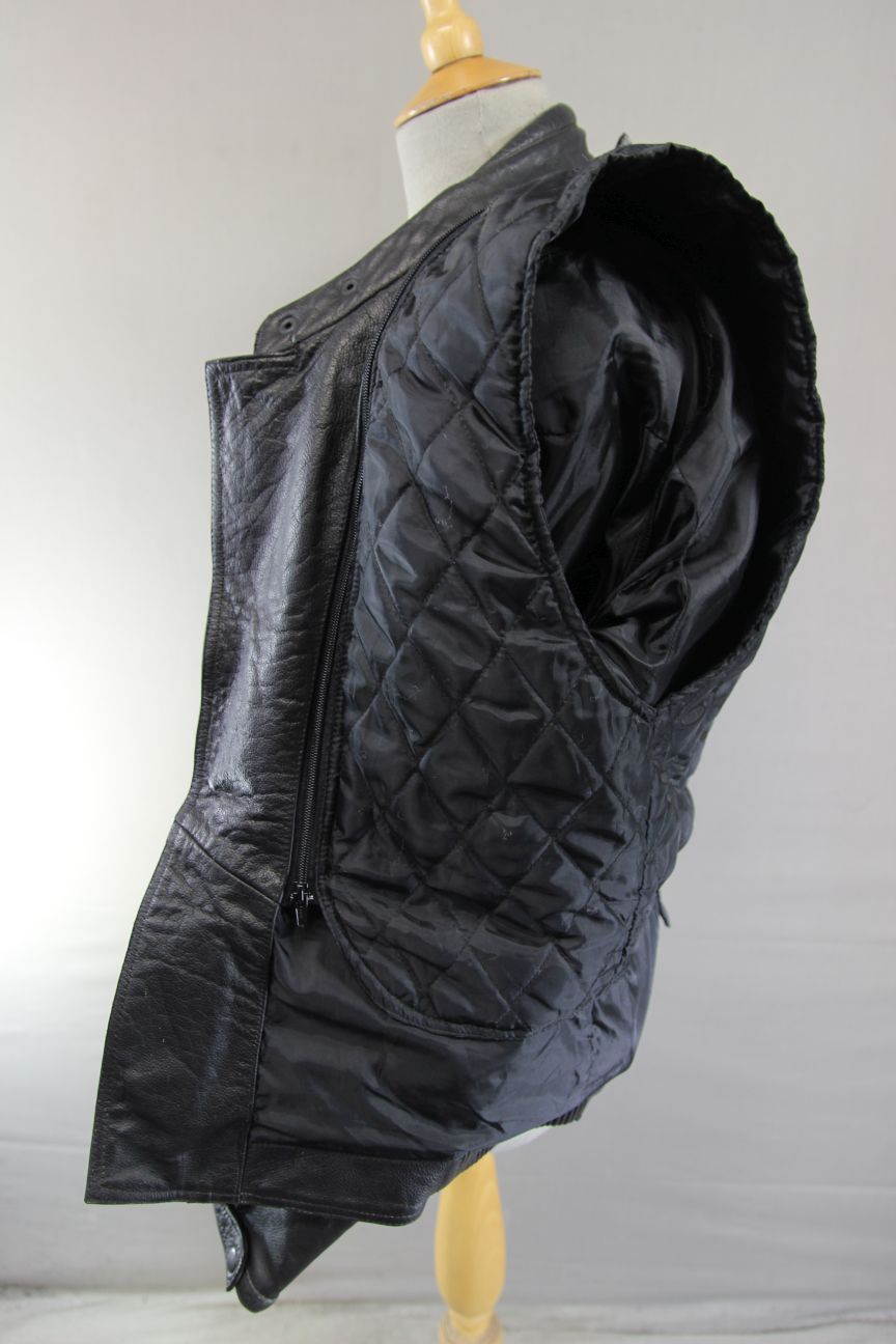 FRANK THOMAS BLACK LEATHER BIKER JACKET + BACK PROTECTOR & THERMAL LINING 36-38"