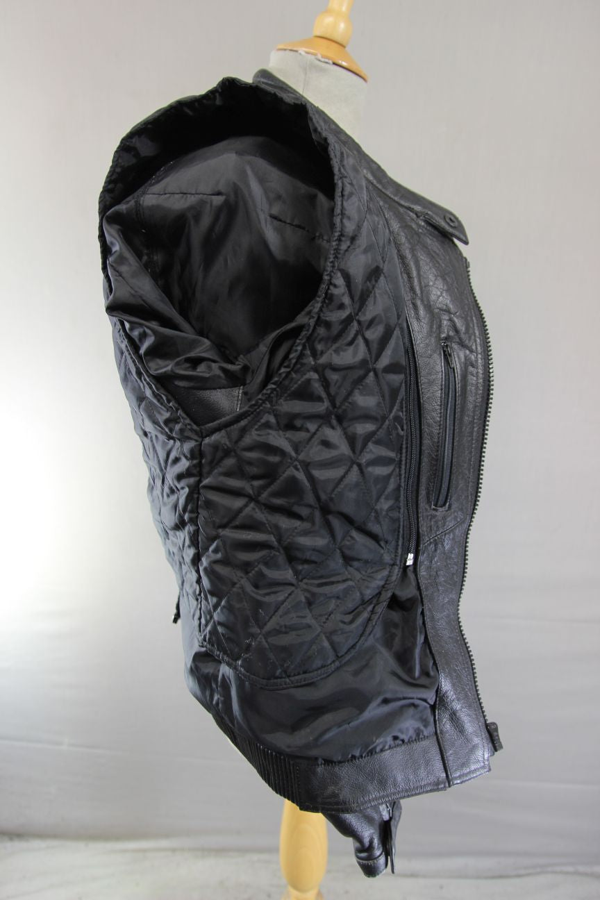 FRANK THOMAS BLACK LEATHER BIKER JACKET + BACK PROTECTOR & THERMAL LINING 36-38"