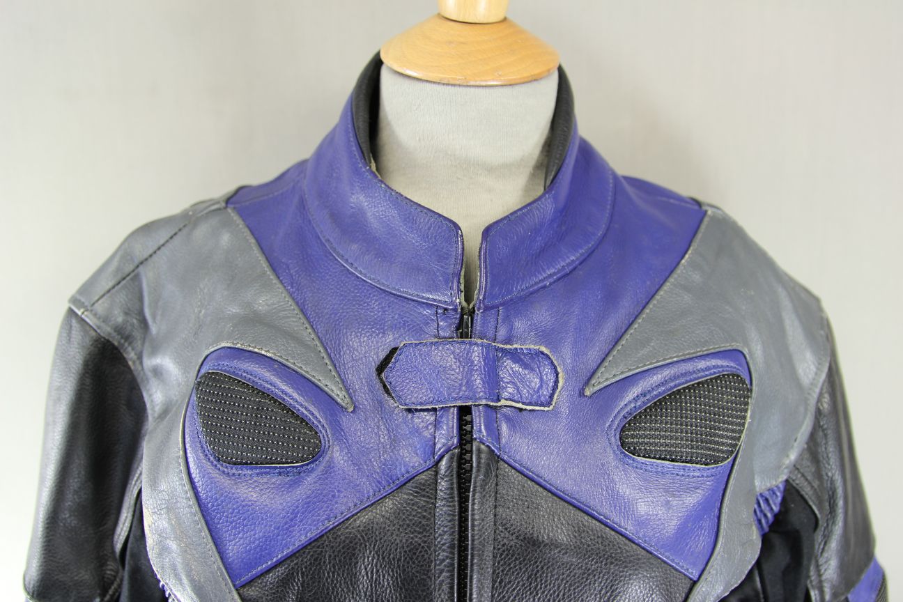 CLASSIC BLACK, BLUE & SILVER LEATHER BIKER JACKET 38 INCH/SMALL