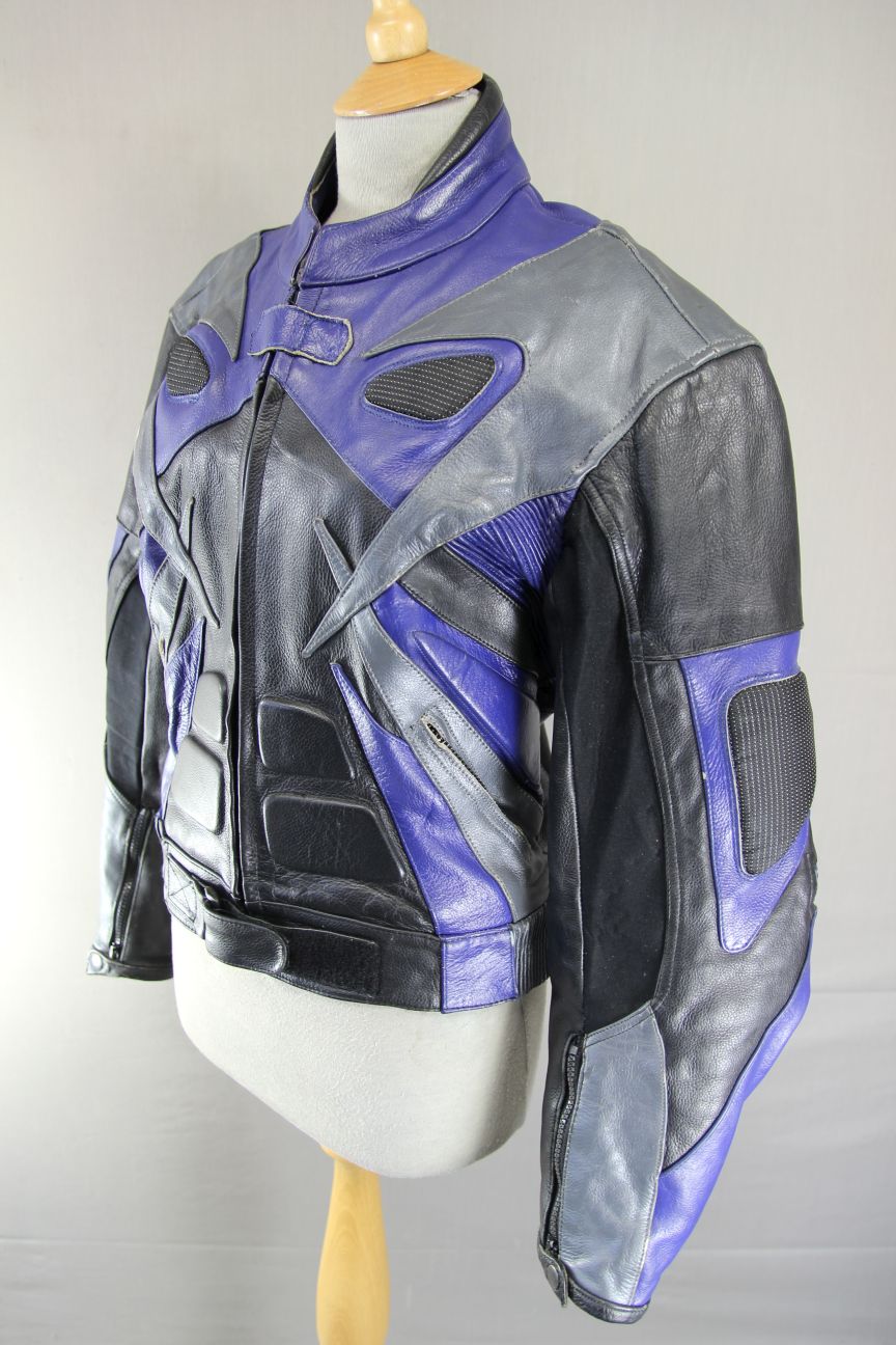 CLASSIC BLACK, BLUE & SILVER LEATHER BIKER JACKET 38 INCH/SMALL