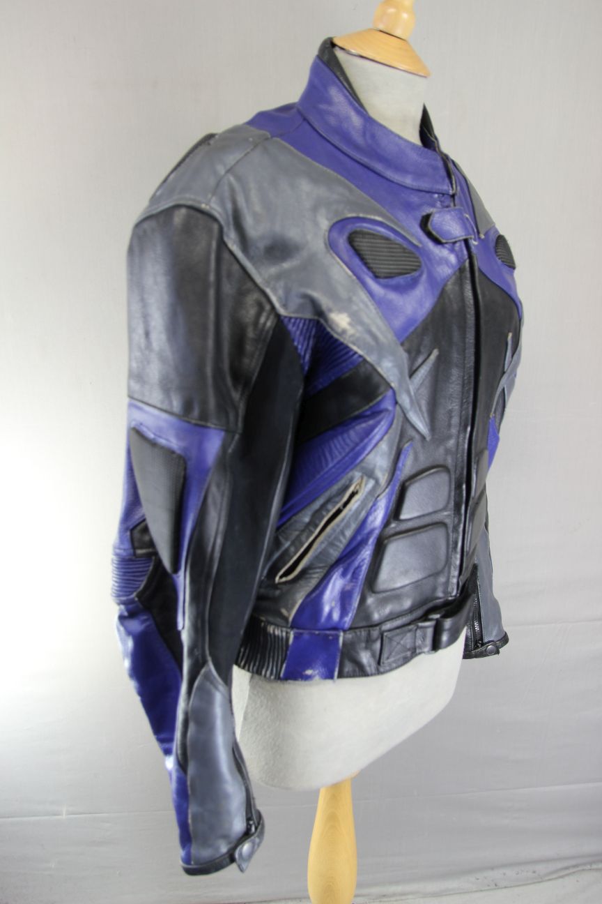 CLASSIC BLACK, BLUE & SILVER LEATHER BIKER JACKET 38 INCH/SMALL