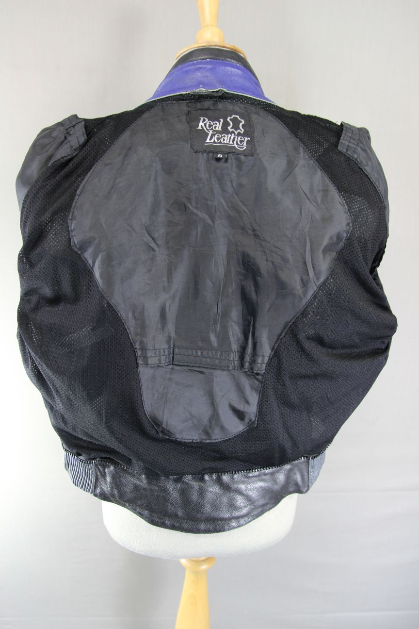 CLASSIC BLACK, BLUE & SILVER LEATHER BIKER JACKET 38 INCH/SMALL