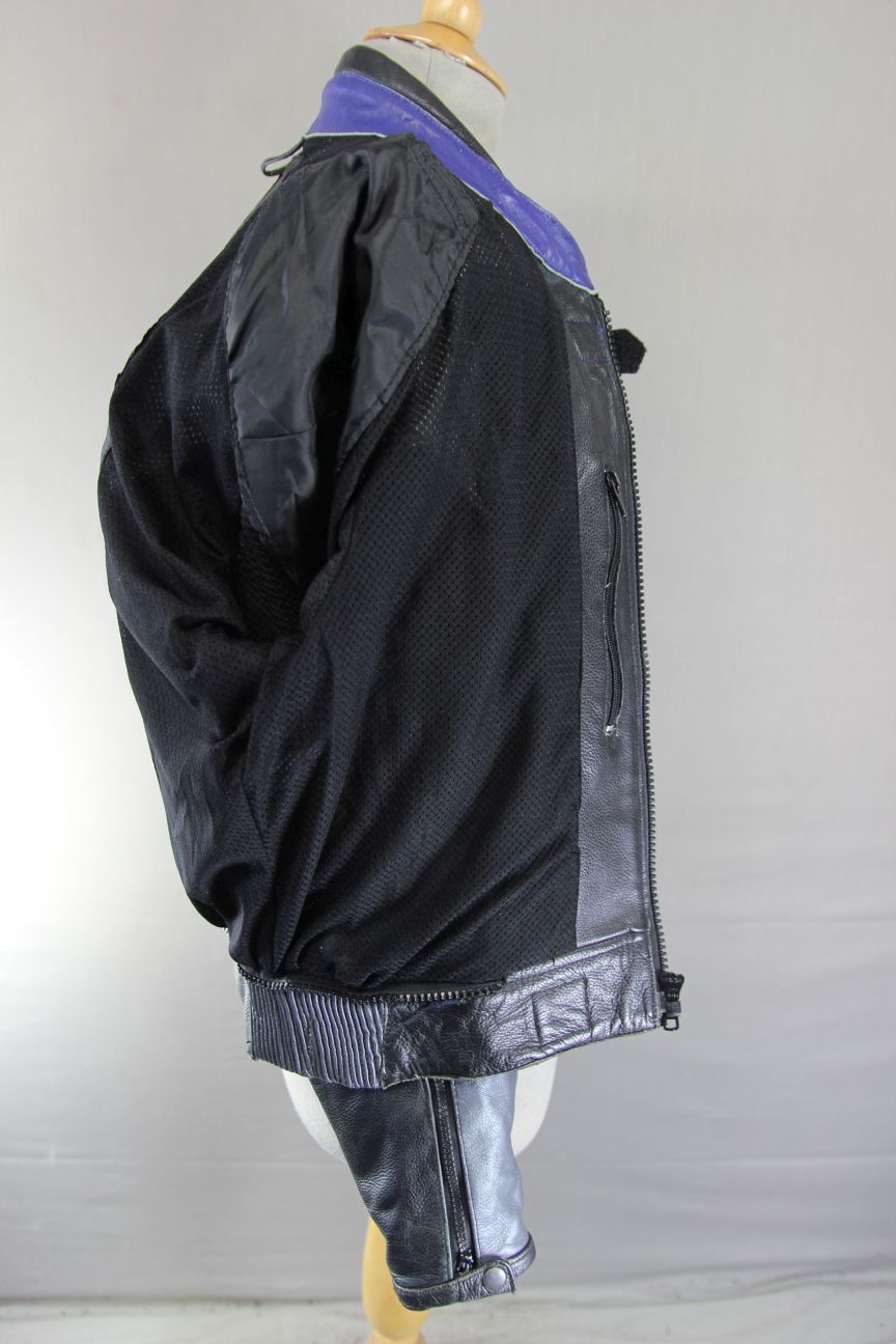 CLASSIC BLACK, BLUE & SILVER LEATHER BIKER JACKET 38 INCH/SMALL