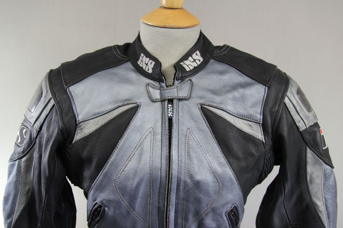IXS LADIES BLACK & SILVER LEATHER BIKER JACKET + SHOULDER & ELBOW CE ARMOUR 32"