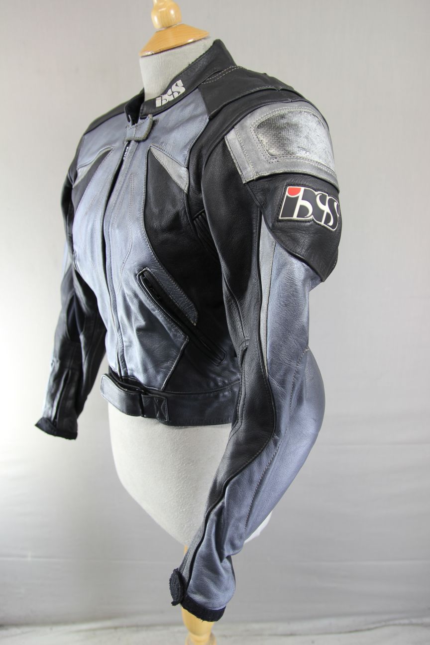 IXS LADIES BLACK & SILVER LEATHER BIKER JACKET + SHOULDER & ELBOW CE ARMOUR 32"