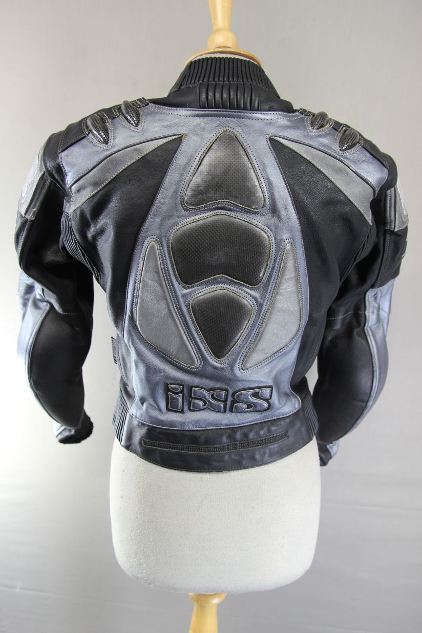 IXS LADIES BLACK & SILVER LEATHER BIKER JACKET + SHOULDER & ELBOW CE ARMOUR 32"