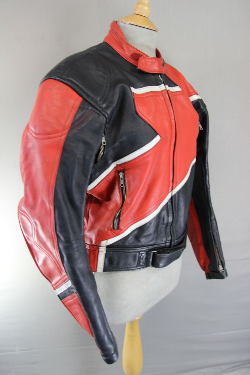 VINTAGE TEKNIC BLACK, RED & WHITE LEATHER BIKER JACKET 38-40 INCH CHEST
