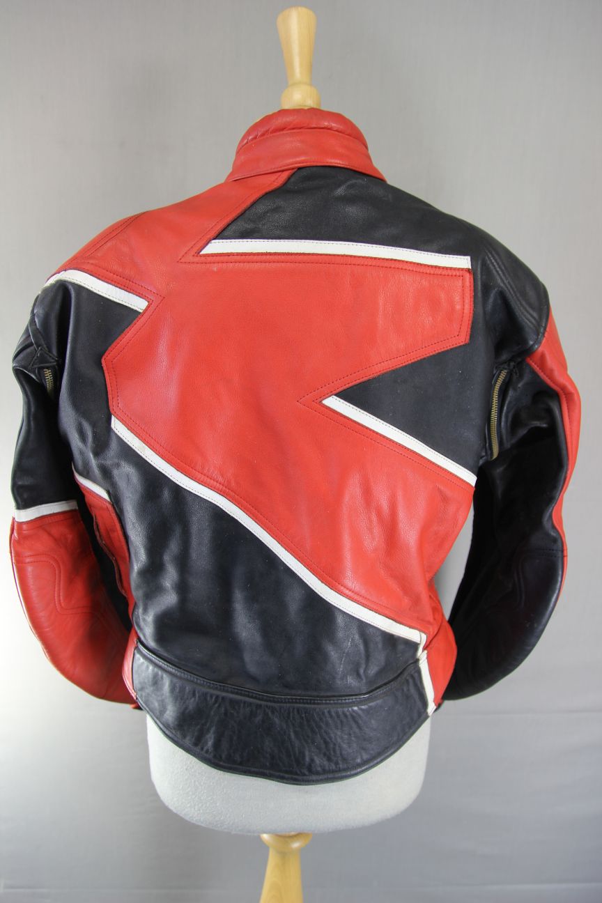 VINTAGE TEKNIC BLACK, RED & WHITE LEATHER BIKER JACKET 38-40 INCH CHEST