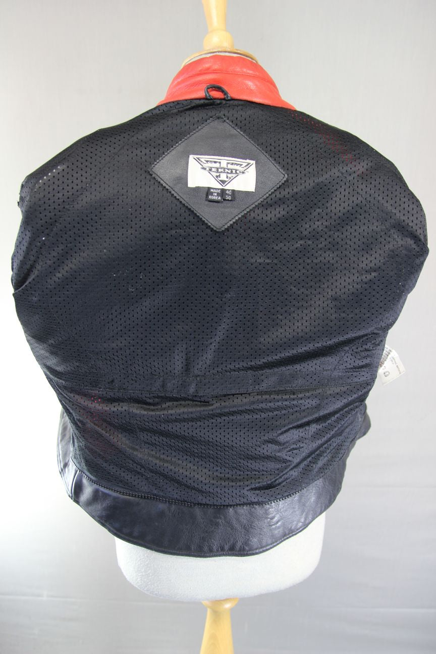 VINTAGE TEKNIC BLACK, RED & WHITE LEATHER BIKER JACKET 38-40 INCH CHEST