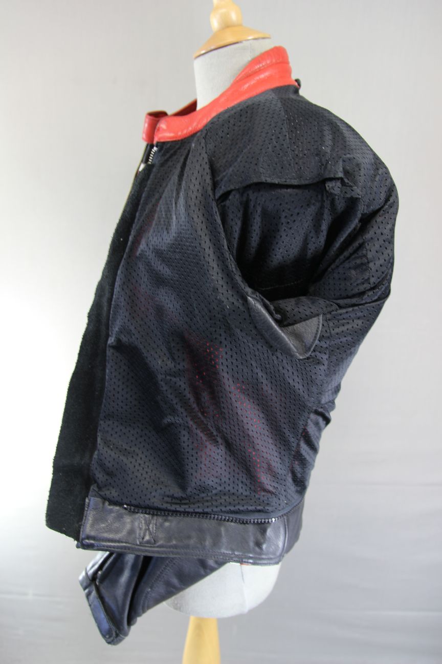 VINTAGE TEKNIC BLACK, RED & WHITE LEATHER BIKER JACKET 38-40 INCH CHEST