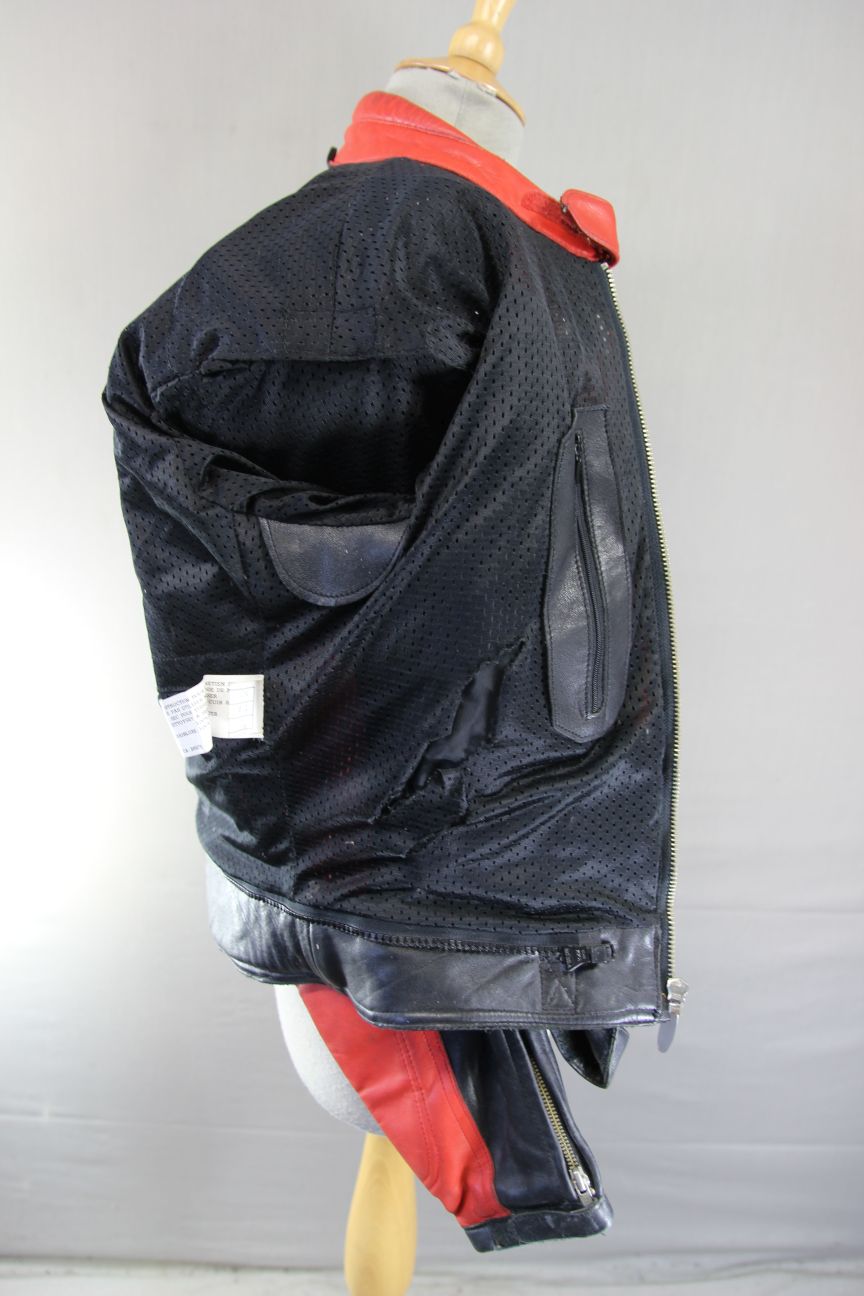 VINTAGE TEKNIC BLACK, RED & WHITE LEATHER BIKER JACKET 38-40 INCH CHEST