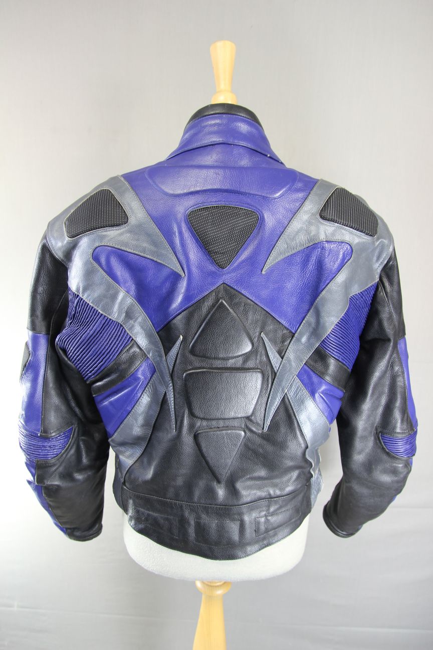 CLASSIC BLACK, BLUE & SILVER LEATHER BIKER JACKET 38 INCH/SMALL