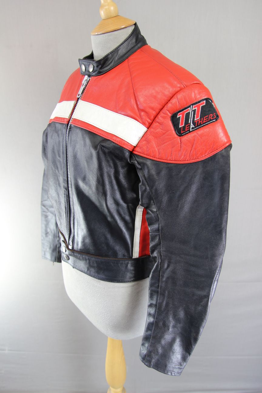 VINTAGE 1970's BLACK, RED & WHITE TT LEATHERS BRITISH MADE BIKER JACKET 38 INCH