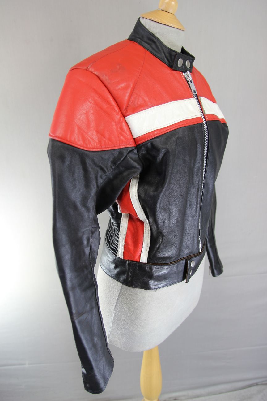 VINTAGE 1970's BLACK, RED & WHITE TT LEATHERS BRITISH MADE BIKER JACKET 38 INCH