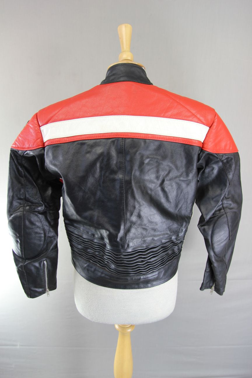 VINTAGE 1970's BLACK, RED & WHITE TT LEATHERS BRITISH MADE BIKER JACKET 38 INCH