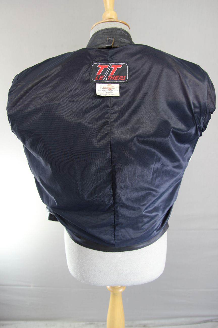 VINTAGE 1970's BLACK, RED & WHITE TT LEATHERS BRITISH MADE BIKER JACKET 38 INCH