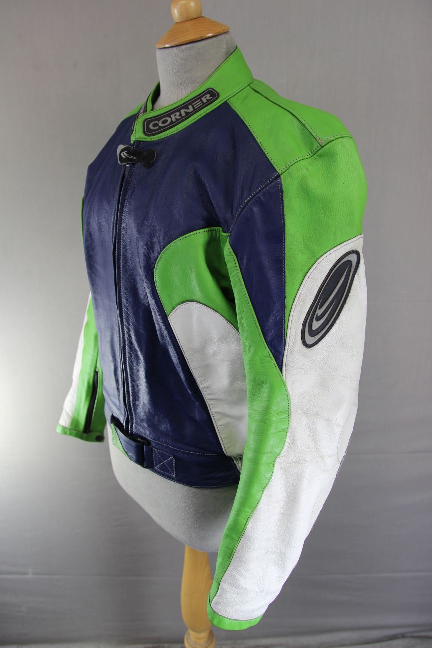 CORNER RACING/SPORTS BLUE, GREEN & WHITE LEATHER BIKER JACKET: 38-40 INCH CHEST