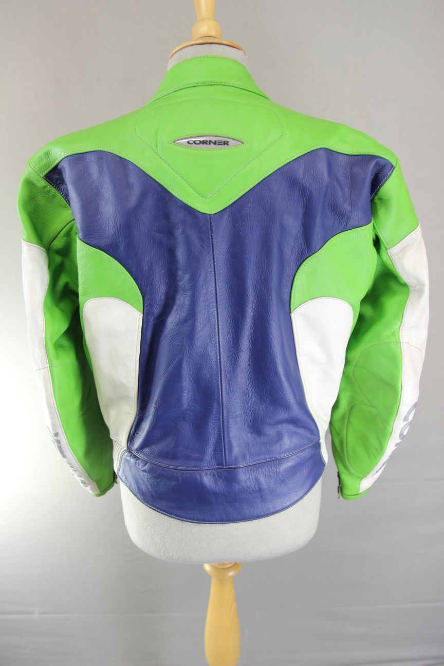 CORNER RACING/SPORTS BLUE, GREEN & WHITE LEATHER BIKER JACKET: 38-40 INCH CHEST