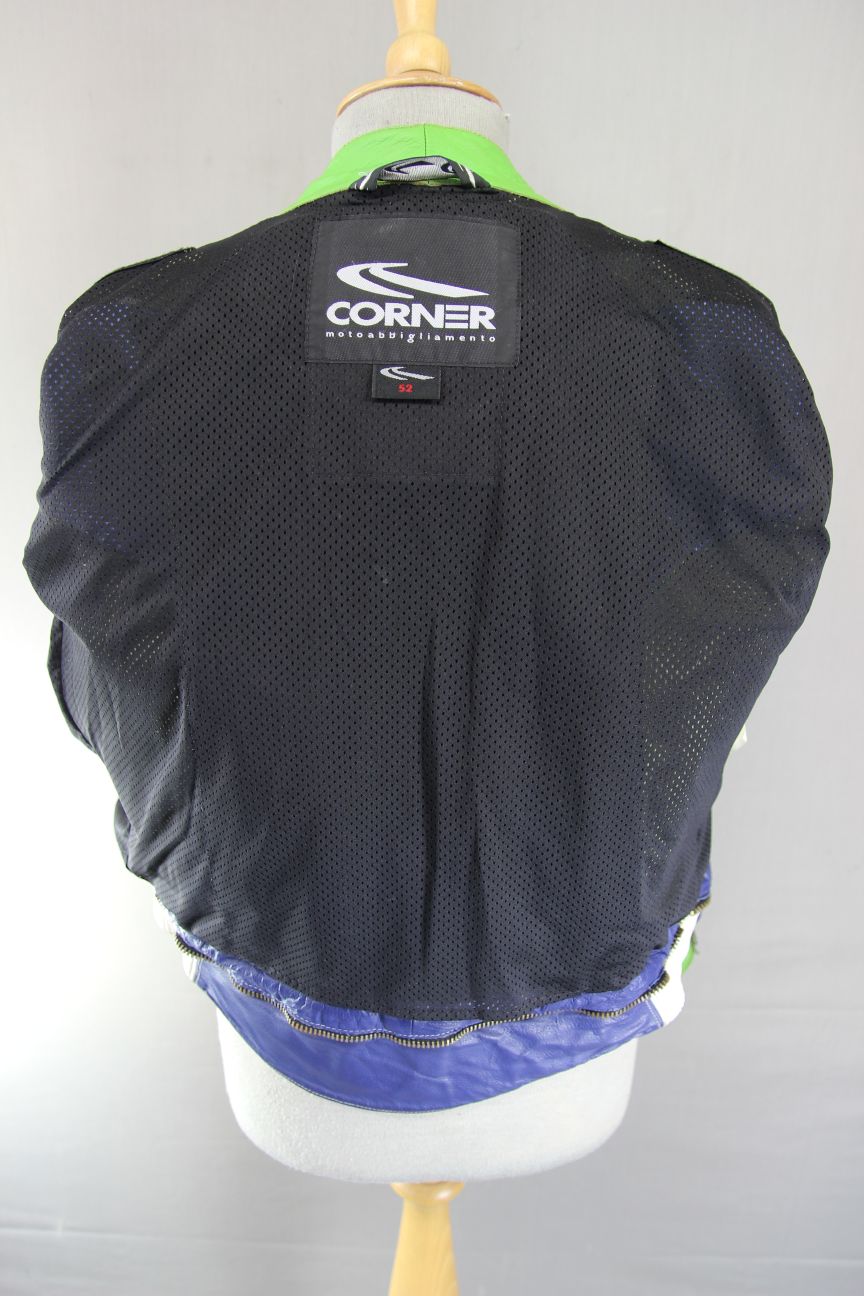 CORNER RACING/SPORTS BLUE, GREEN & WHITE LEATHER BIKER JACKET: 38-40 INCH CHEST